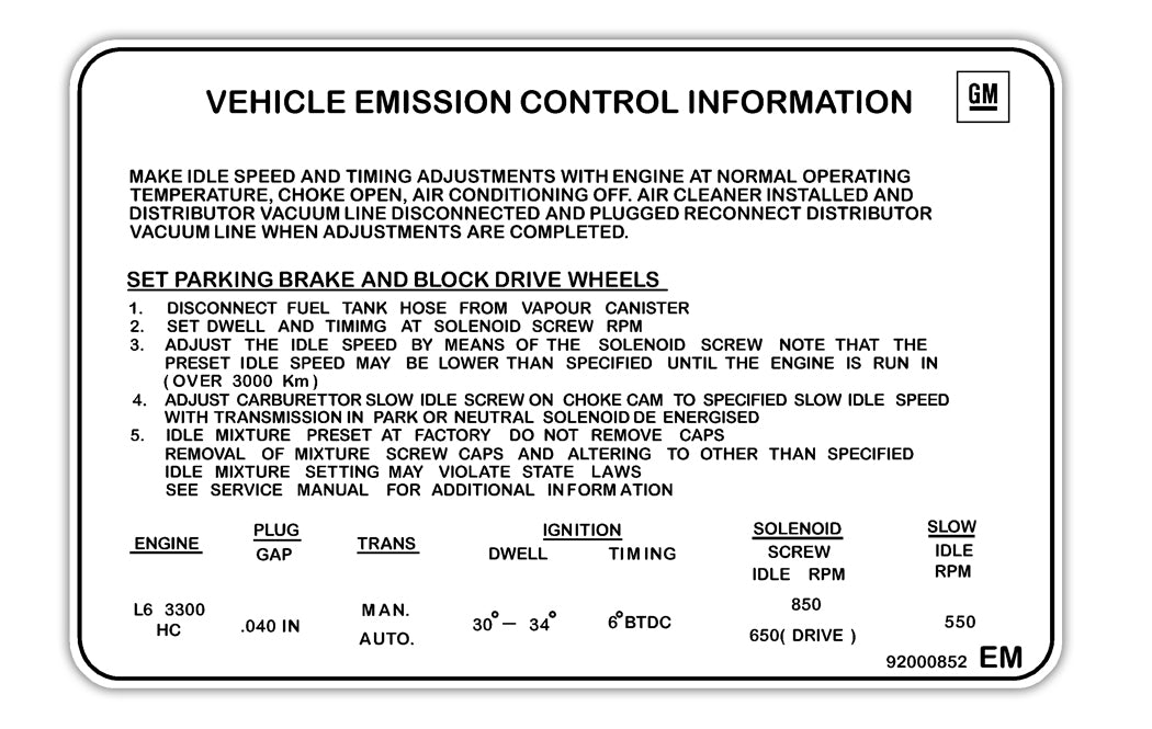 Decal Emission HZ & VB Commodore 3.3 Litre - 92000852
