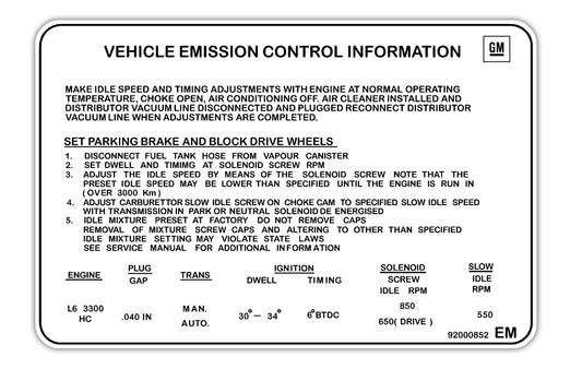 Decal Emission HZ & VB Commodore 3.3 Litre - 92000852