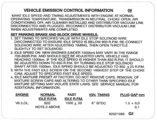 Decal Emission Control VH VK 5.0 Litre Inc HDT - 92021085