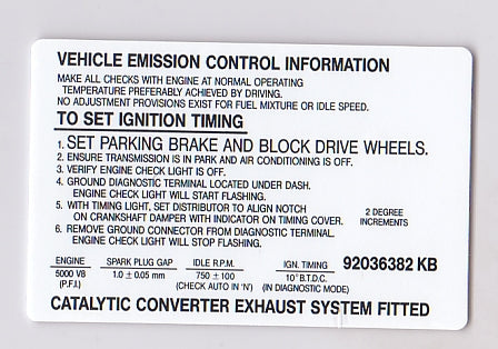Decal Vehicle Emission Control Information VN V8 - 92036382