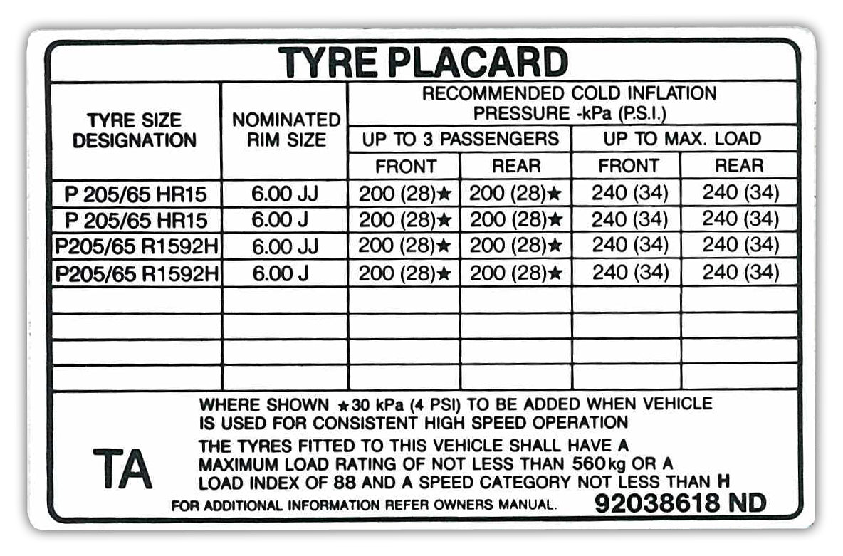 Decal Tyre Placard VN 6"x15" SS BT1 FE2 Excluding Ute - 92038618A