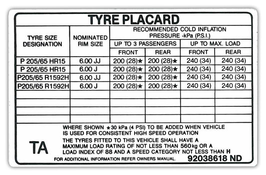 Decal Tyre Placard VN 6"x15" SS BT1 FE2 Excluding Ute - 92038618A