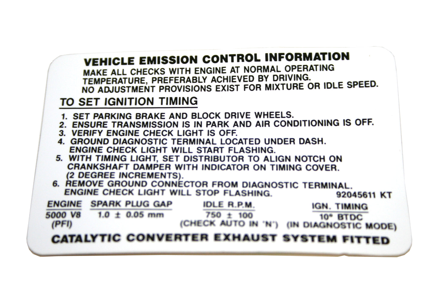 Decal Emission Control VP VR VS V8 - 92045611