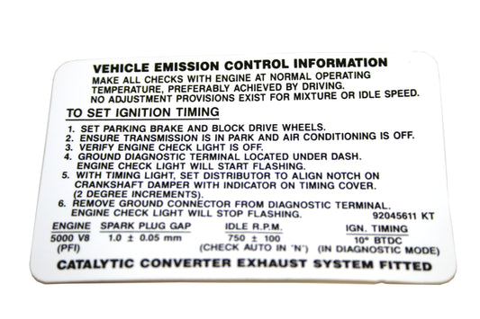 Decal Emission Control VP VR VS V8 - 92045611