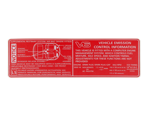 Decal Vehicle Emission SRS VT Series 1 Commodore V6 - 92055969