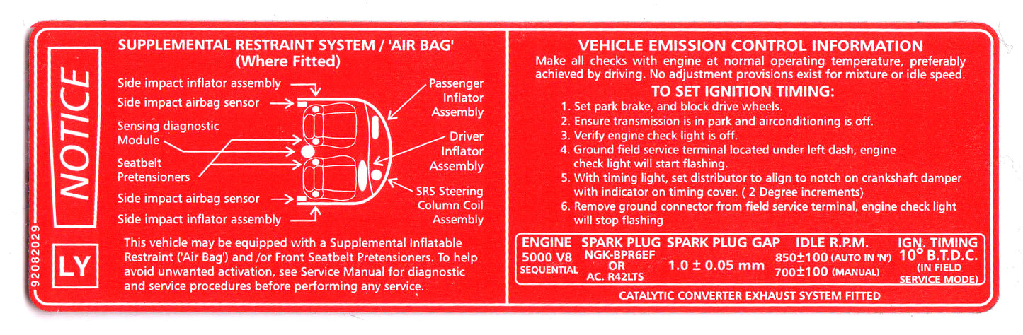 Decal Vehicle Emission / SRS Notice VT Series 1 V8 5.0  - 92082029