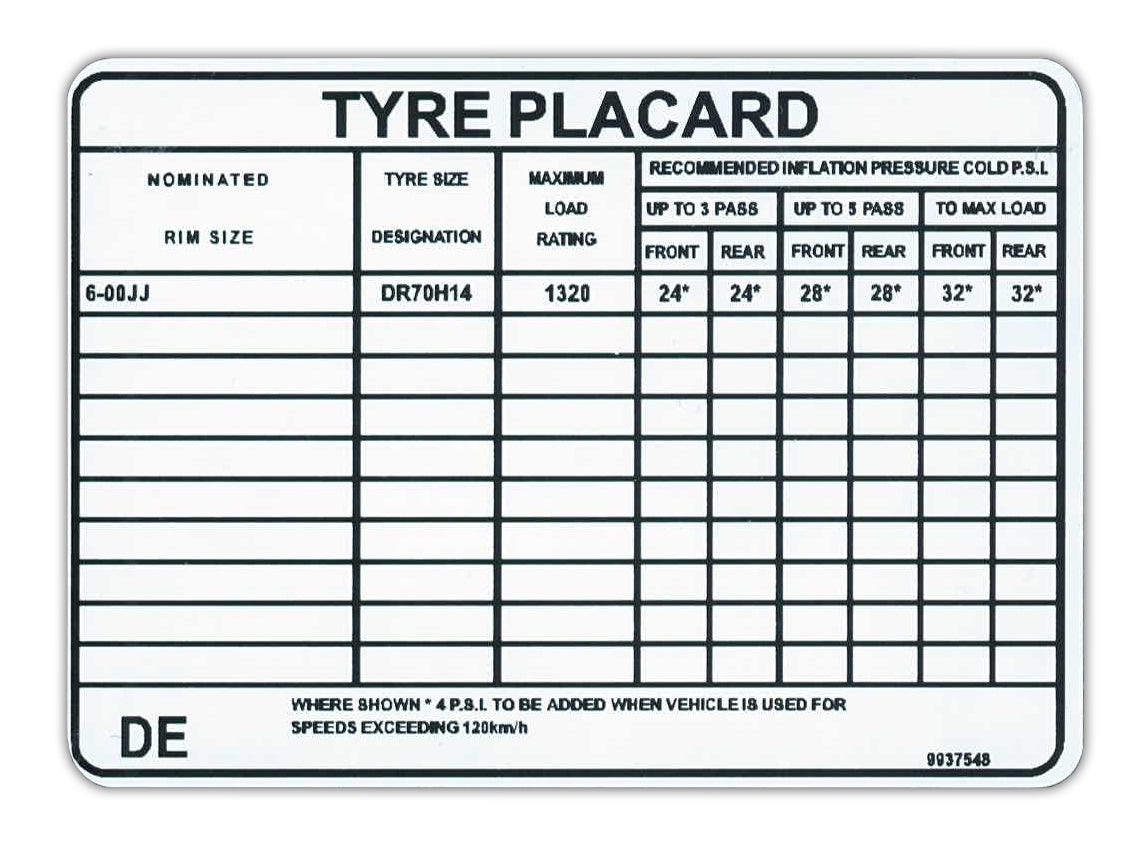 Decal Tyre Placard LH (L34 Engine)LX (A9X) - 9937548