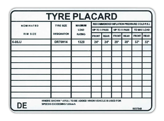 Decal Tyre Placard LH (L34 Engine)LX (A9X) - 9937548