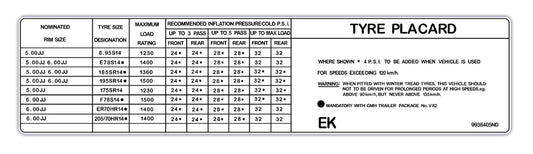 Decal Tyre Placard HQ Sedan Coupe Statesman V8 - 9938405