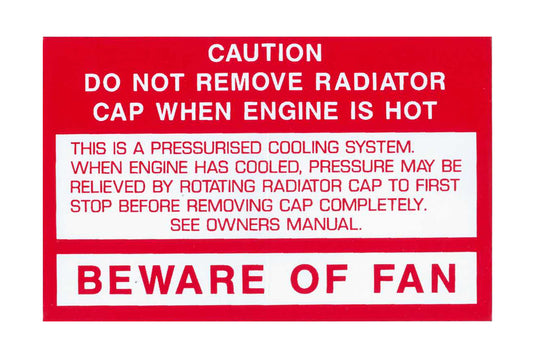 Decal Fan Warning HZ WB VB VC VH VK VL & LX Torana & VN VP VR VS Commodore V8 - BD1107