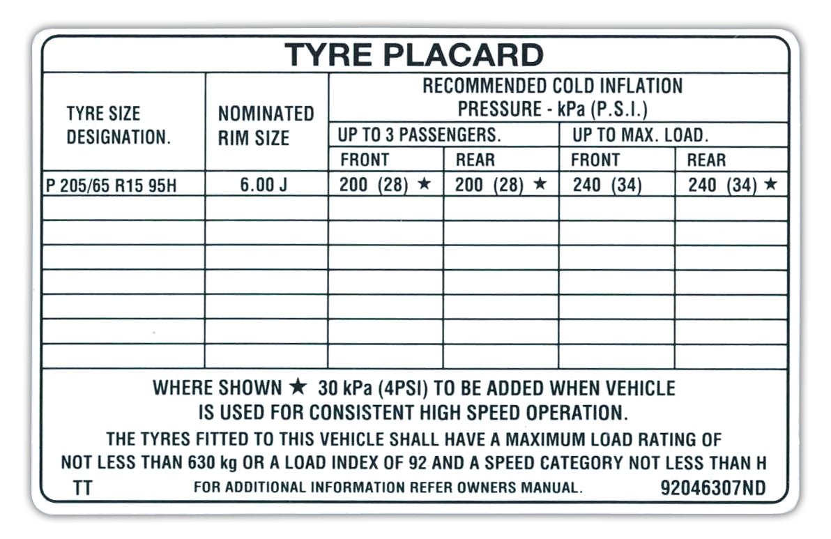Decal Tyre Placard VR VS 15 Inch Wheels - BD1112