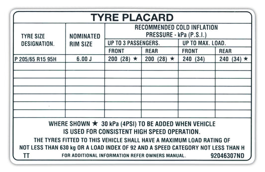 Decal Tyre Placard VR VS 15 Inch Wheels - BD1112
