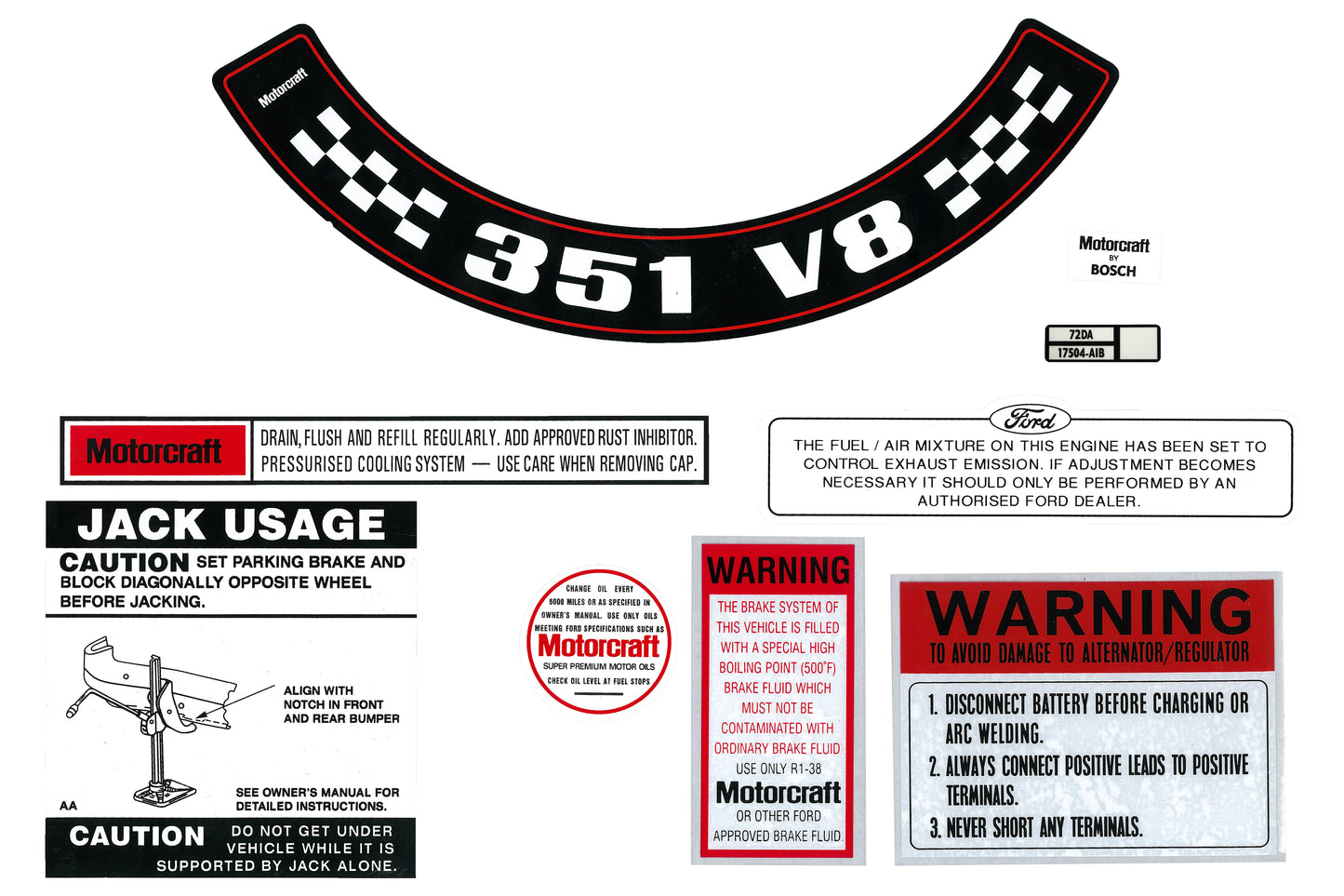 Engine Bay Decal Kit ‘351 V8’ (Large Air Cleaner) Ford XA ZF - BD2070L