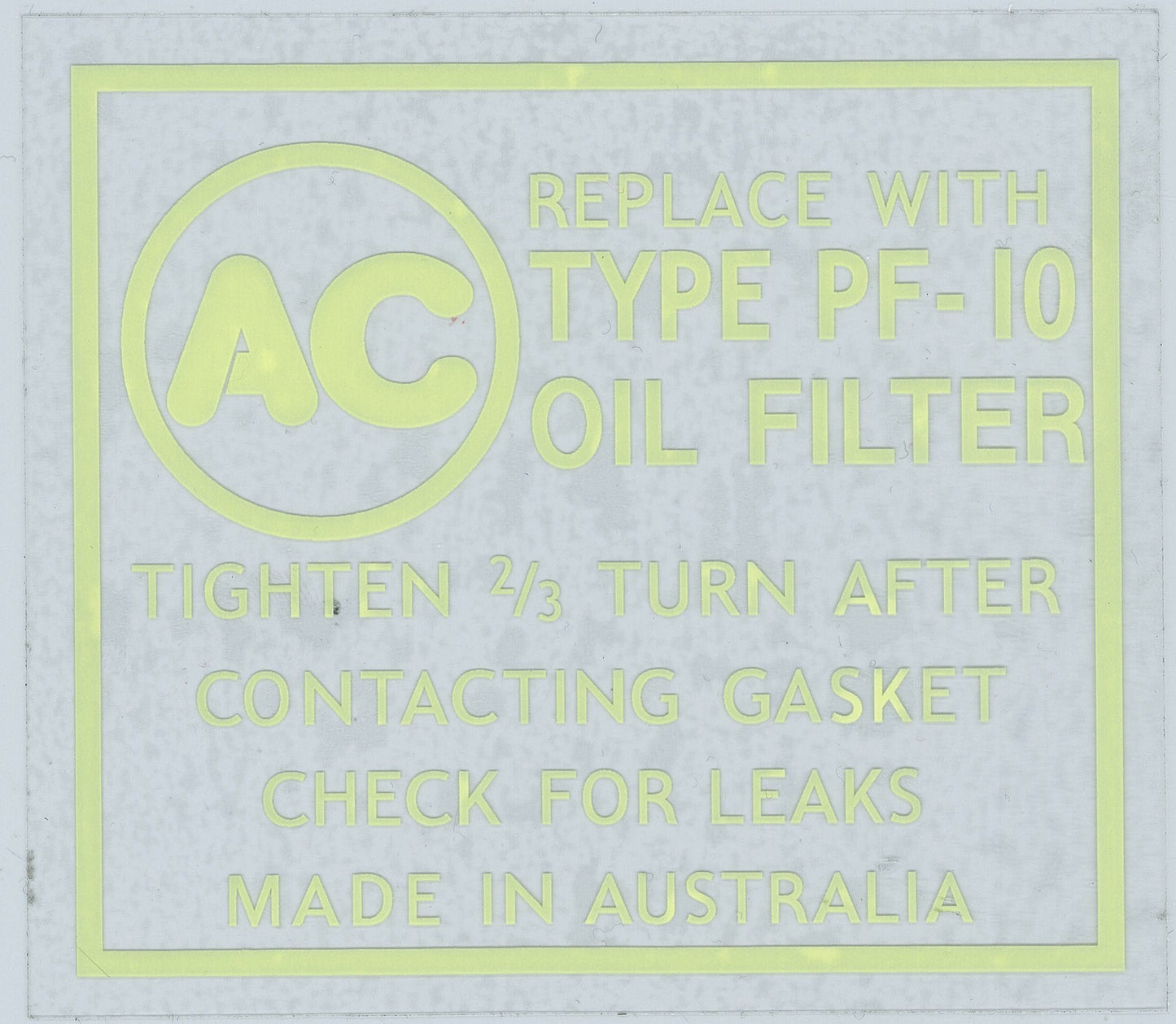 Decal "Pf10 Ac" Oil Filter Yellow On Black - DOF003