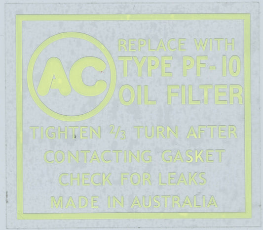 Decal "Pf10 Ac" Oil Filter Yellow On Black - DOF003