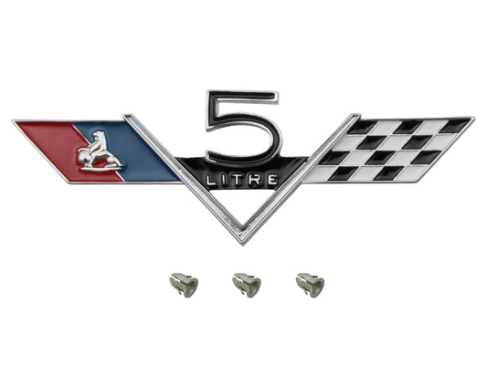 Holden Badge - 5 LITRE - inc Flags (V8 307 Chev) Guard HK HT fender - B1043