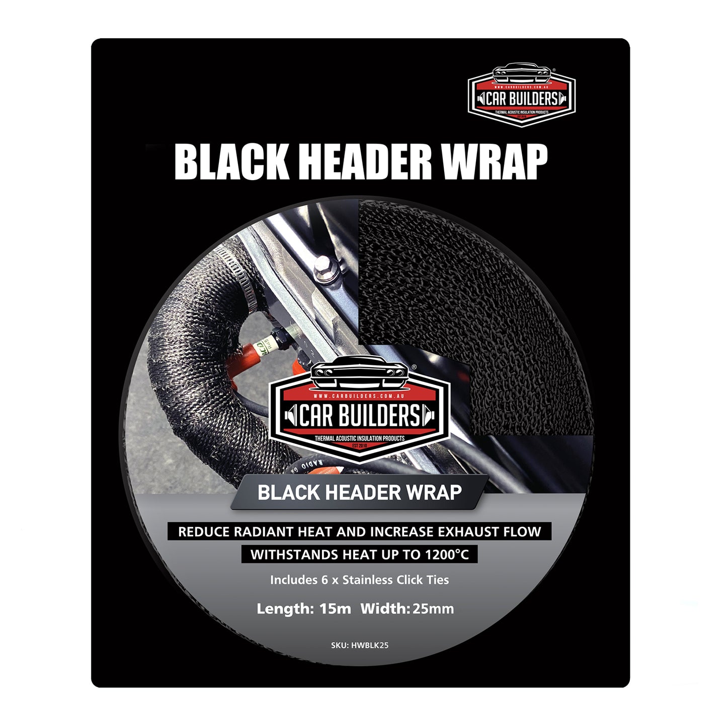 Car Builders Premium Black Titanium Exhaust Header Wrap 25mm - HWBLK25