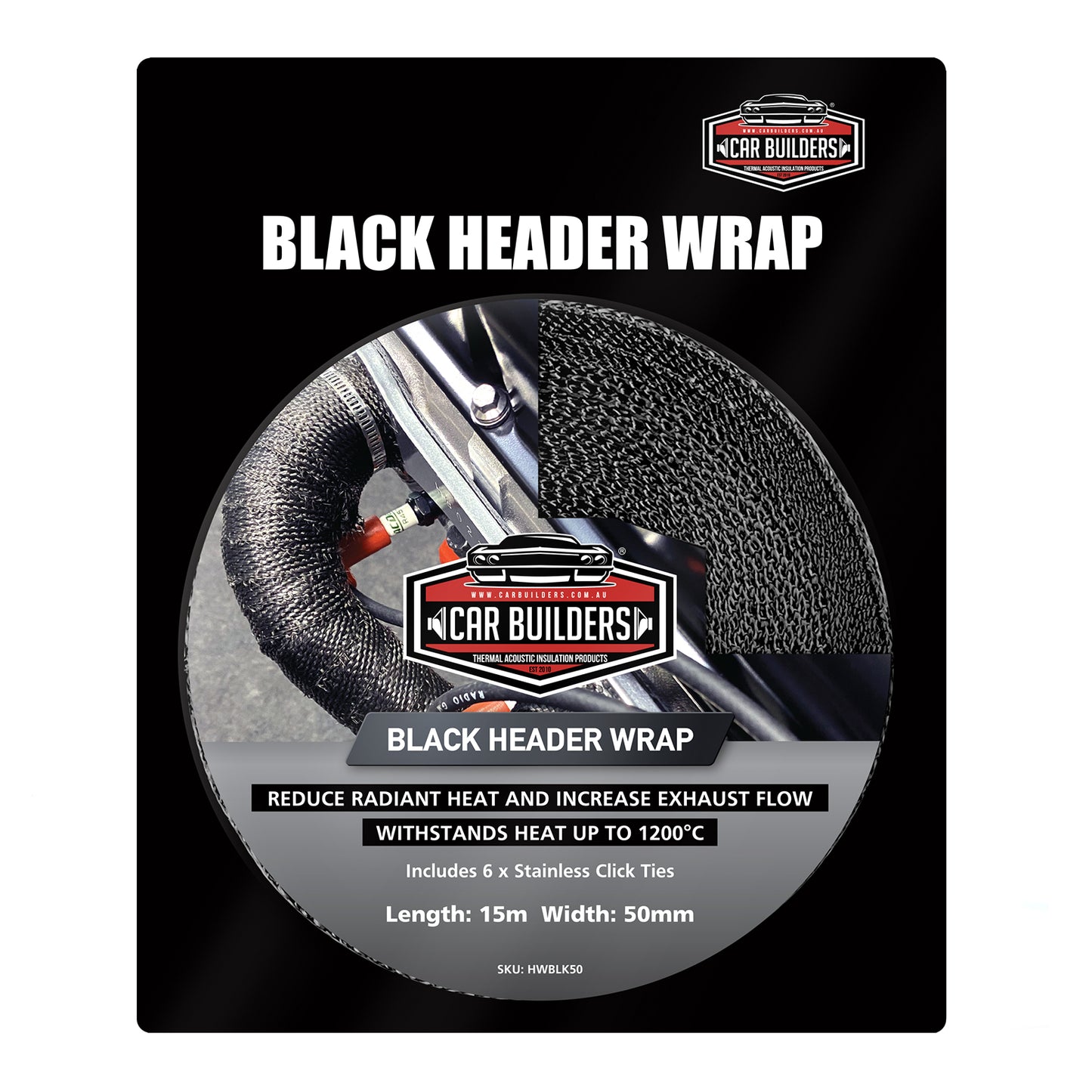 Car Builders Premium Black Titanium Exhaust Header Wrap 50mm - HWBLK50