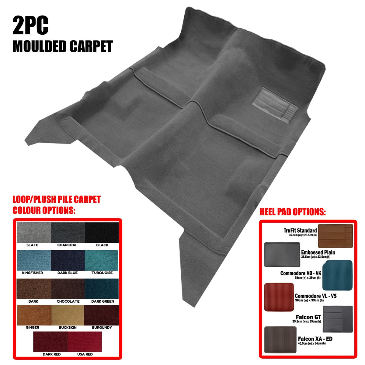 TruFit Moulded Carpet Ford Falcon XR XT XW XY ZA ZB ZC ZD Ute Panel Van Floor Manual Emb Pad Plush Pile 2Pc - MCC-FFALXRU-2PC-02-P