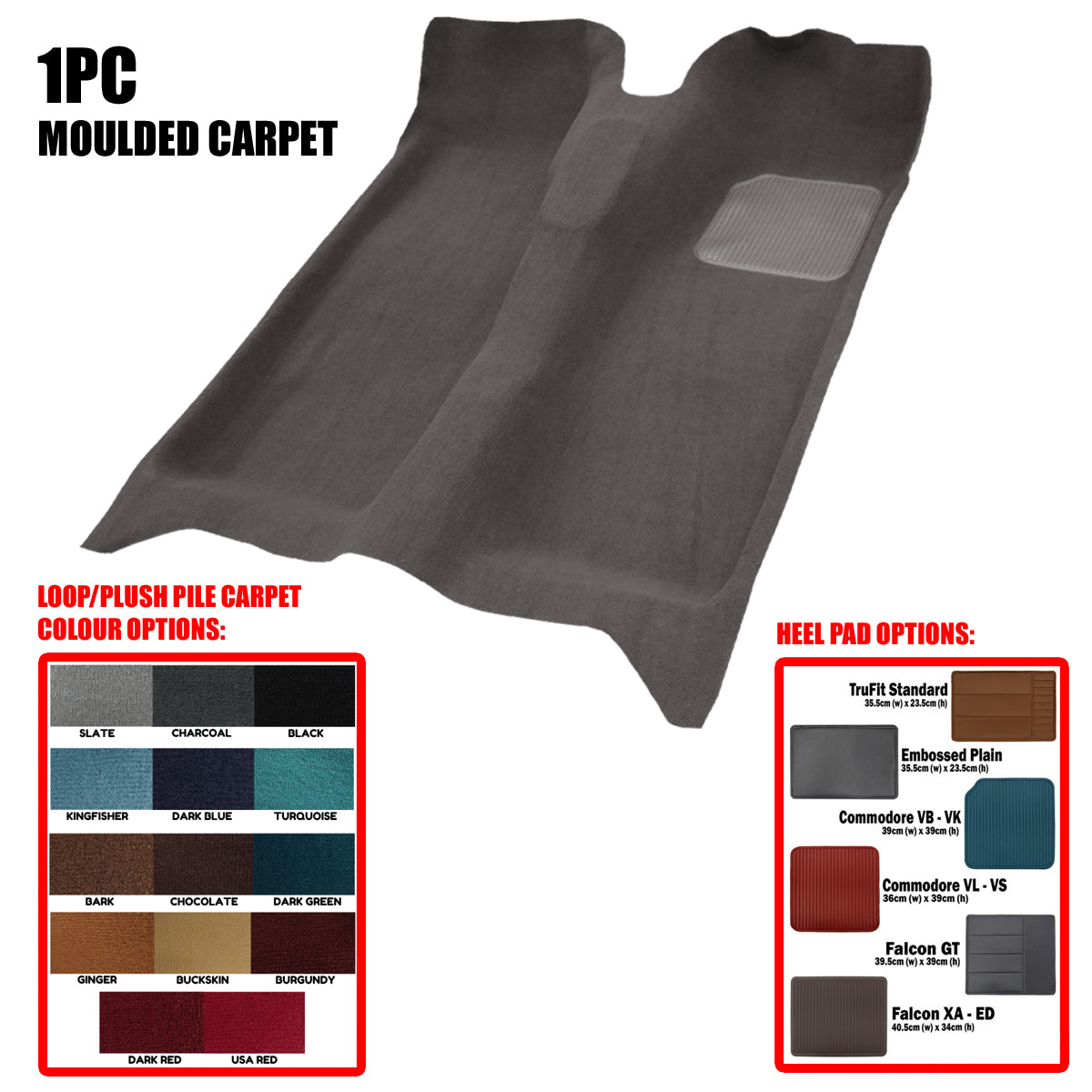 TruFit Moulded Carpet Ford XR XT XW XY ZA ZB ZC ZD Sedan Wagon Floor Manual GT Pad Loop Pile 1Pc - MCC-FFALXR-1PC-05-L