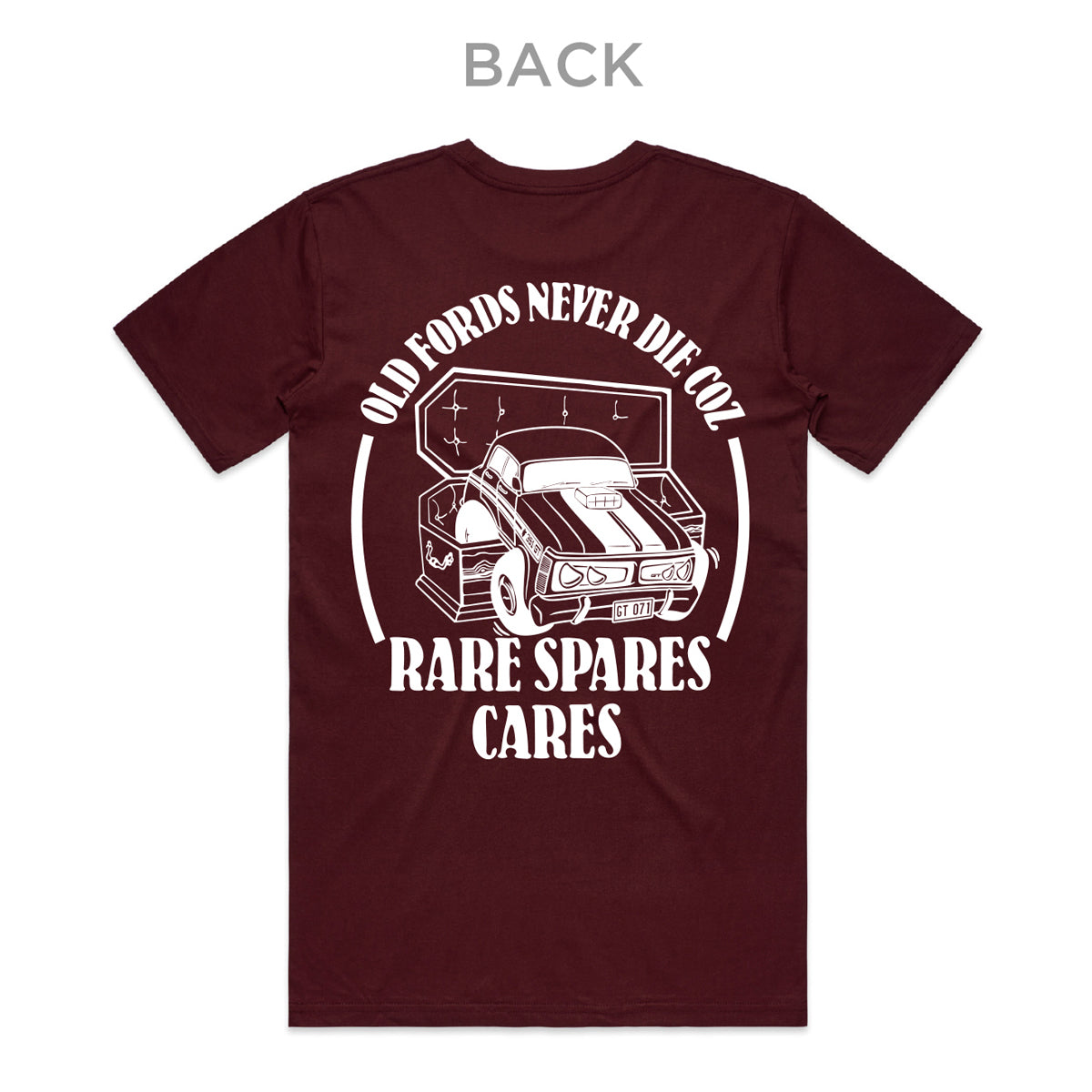 Rare Spares Ford T-Shirt - Burgundy & Black Print (L) - RSFTBU-L